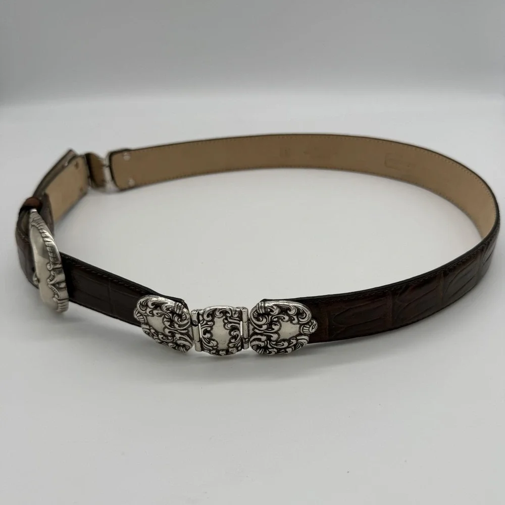 Fossil Brown Croco Embossed Leather Western Belt Silver Ornate Buckle Large